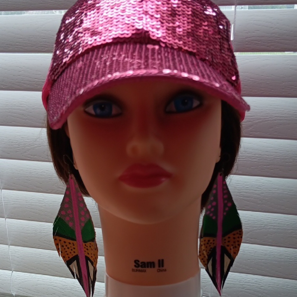 Pink Sequin Cap And Leather Earrings - image 2